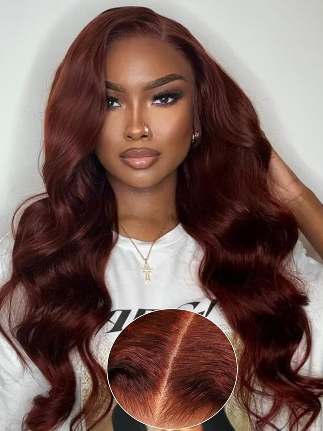 KLAIYI Bye Bye Knots Glueless Wig Reddish Brown Body Wave 7x5 Pre Cut HD Lace Front Wigs Human Hair Put On And Go Wig Pre Bleached Pre Plucked with Baby Hair 30S Ready To Wear 150% Density Full 20Inch
