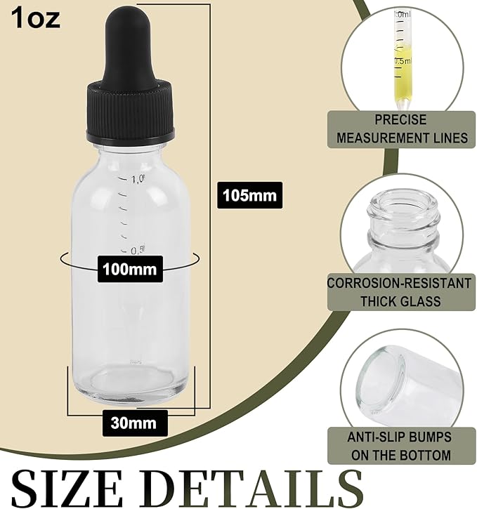 48 Pack,1oz Glass Dropper Bottle, Clear Tincture Bottles with Dropper, Pretty Finish for All Kinds of Liquids,Oil Bottles for Hair- Stronger Suction ideal for Leakproof Travel