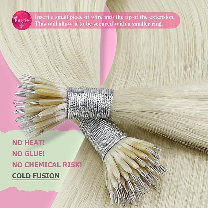 YoungSee 18inch Nano Ring Hair Extensions Human Hair Platinum Blonde Nano Beads Hair Extensions Human Hair Pre Bonded Nanoring Extension Blonde Nano-Tip Hair Extension 50grams 50strands for Wedding