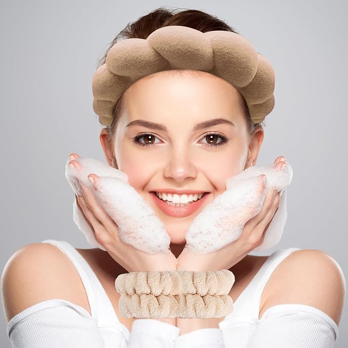 Zkptops Spa Headband for Washing Face Wristband Set Sponge Makeup Skincare Terry Cloth Bubble Soft Get Ready Hairband for Women Girl Puffy Padded Headwear Non Slip Thick Hair Accessory(Brown-2)