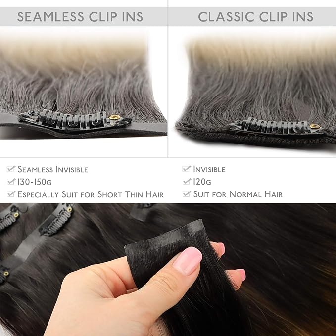 WENNALIFE Seamless Clip In Hair Extensions, 20 Inch 150g 7pcs Dark Brown to Chestnut Brown and Dirty Blonde Hair Extensions Clip in Human Hair Invisible PU Skin Weft Remy Human Hair Extensions