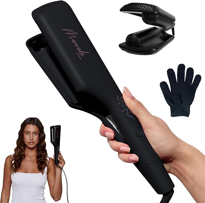 Mermade Hair Double Hair Waver Tool - Double 1" Barrel Iron for Crimp-Free Beach Waves, Hair Curler for Women, Ionic Ceramic Plates, Reduces Frizz, Suitable for Short, Medium, & Long Hair - Black