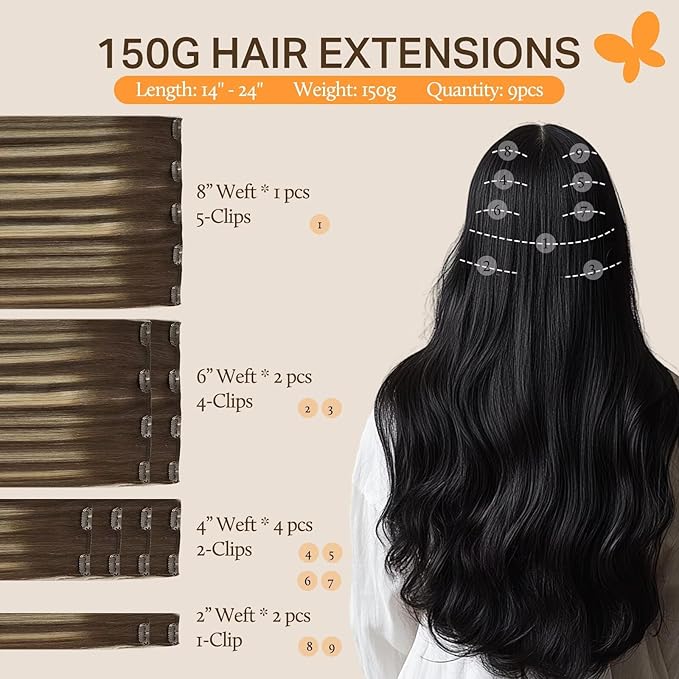DOORES Human Hair Extensions Clip in, Balayage Chocolate Brown to Honey Blonde, 150g 9pcs 20 Inch, Remy Thick Hair Extensions