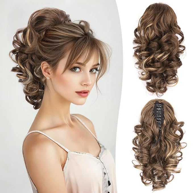 Clip on Ponytails for Women - 12 Inch Curly Ponytail Extension, Wavy Pony Tails Hair Extensions, Synthetic Hair Extensions Ponytail, Clip in Ponytail (Color: Chestnut Brown With Golden Highlights)