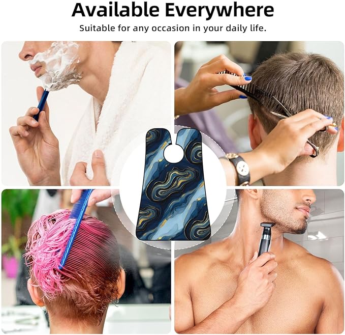 Adjustable Beard Bib, Non-Stick Hair Catcher Cape for Men's Shaving, Waterproof with 2 Suction Cups, Luxury Marble Texture Gold and Blue Shave Bib