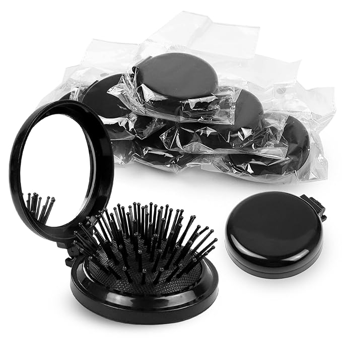 10 Pack Folding Travel Mini Hair Brush with Mirror, Round Hair Brushes Folding Pocket Hair Brush Mini Hair Comb for Women and Girls (Black)
