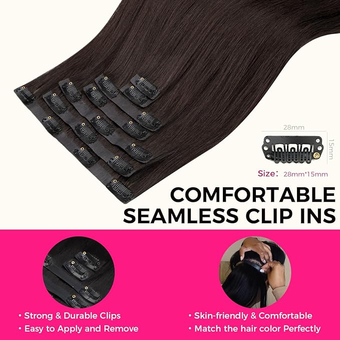 Lashey Seamless Clip in Hair Extensions Human Hair #2 Dark Brown Light Yaki Straight Clip in Extensions Real Human Hair 7pcs 110g 24 Inch PU Weft Natural Hair Extensions for Women