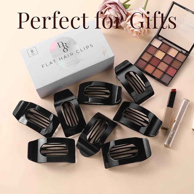 8 Pack Black Flat Hair Clips for Women – Large Glossy Rectangle No-Slip Claw Clips for Thick & Thin Hair, Strong Hold Square Hair Accessories for Work & Daily Styling