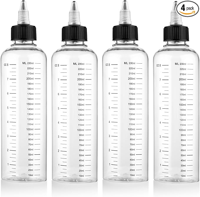 4 Pack Applicator Bottle for Hair, 8.5oz Soft Squeeze Empty Oil Dispenser Hair Color Applicator Root Hair Dye PET Plastic Refillable Bottles for Salon Sylist with Graduated Scale and Twist Top