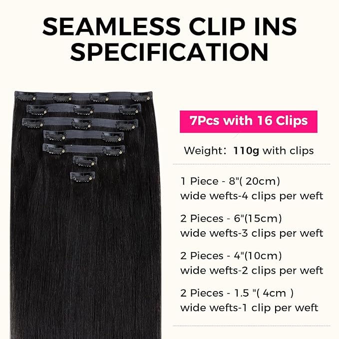 Lashey Seamless Clip in Hair Extensions Human Hair 7pcs 110g Light Yaki Straight Human Hair Extensions #1 Jet Black 18 Inch Clip in Hair Extensions for Women
