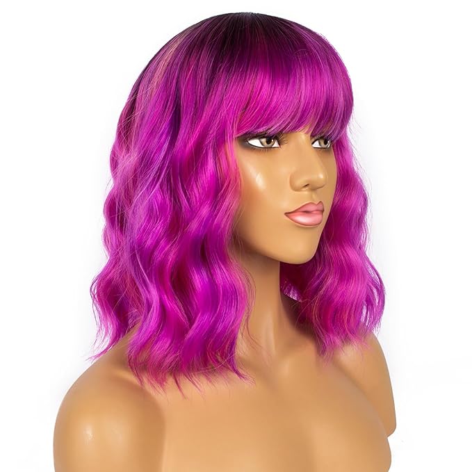 Colourful Short Bob Wigs with Bangs for Women Loose Wavy Wig Curly Wavy Shoulder Length Bob Synthetic Cosplay Wig for Girl Colorful Costume Wigs, Black-Rose mixed Purple