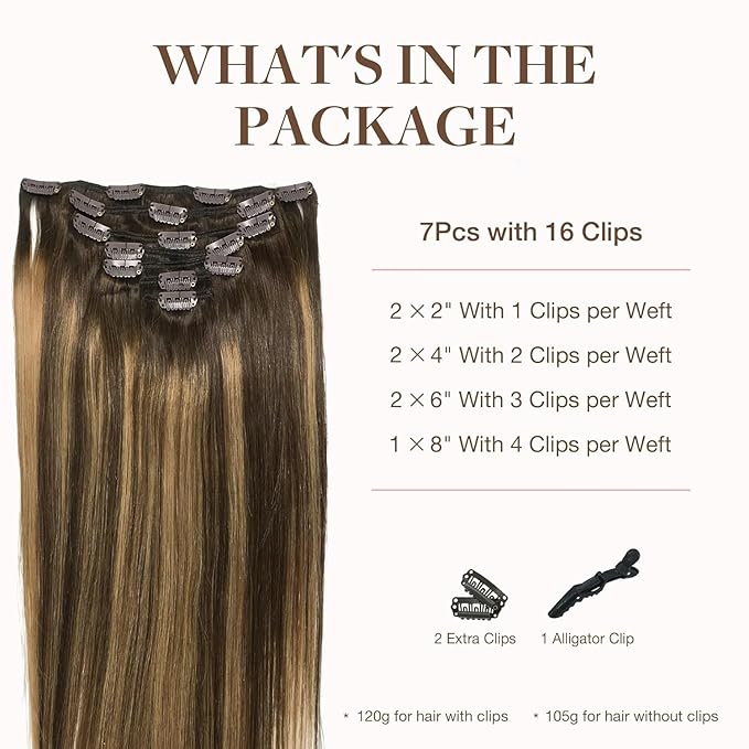 GOO GOO Clip in Hair Extensions Real Human Hair, Remy Human Hair Extensions Clip ins for Women, Natural Human Hair, 20inch 160g 7Pcs, #4/27/4 Balayage Chocolate Brown to Caramel Blonde