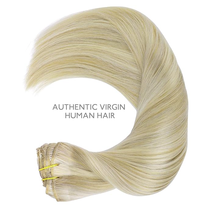 WENNALIFE Clip in Hair Extensions Real Human Hair, 12 Inch 80g 7pcs Remy Hair, Ash Blonde Highlighted Platinum Blonde Straight Natural Extensiones De Cabello Humano Con Clip Ins