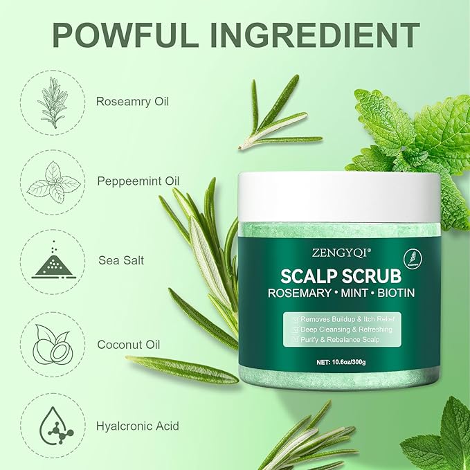Scalp Scrub, Rosemary & Mint Oil & Biotin Scalp Exfoliator Scrub Shampoo with Silicone Cleansing Massager, Hair Treatment for Itchy Scalp, Dandruff & Buildup Removal & Thick and Strong Hair Growth