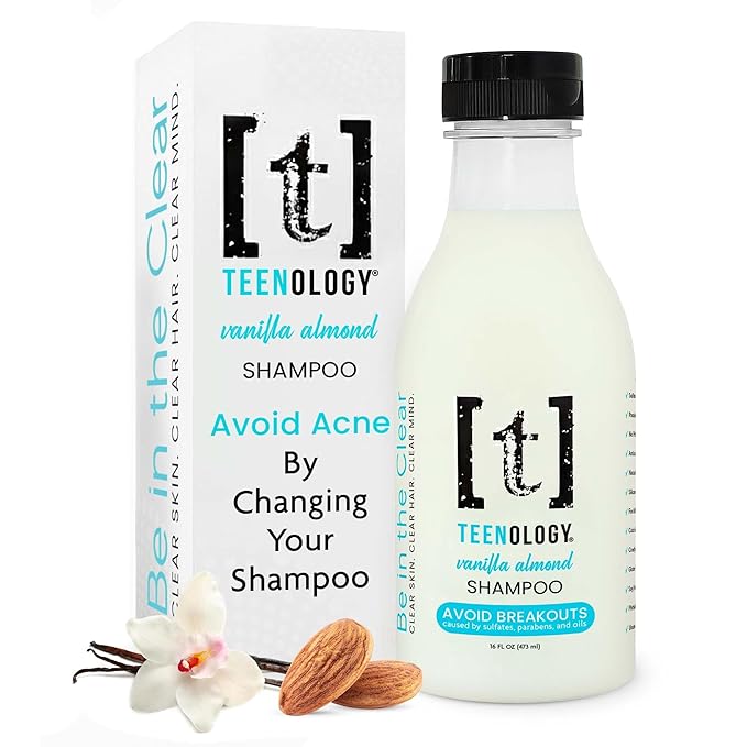 Teenology Teen Shampoo – Avoid Acne Breakouts, Non-Comedogenic, For Dry & Oily Scalps, Sulfate & Paraben Free, Natural Botanical Extracts, for Clear Skin & Healthy Hair, 16 oz – (Vanilla Almond)