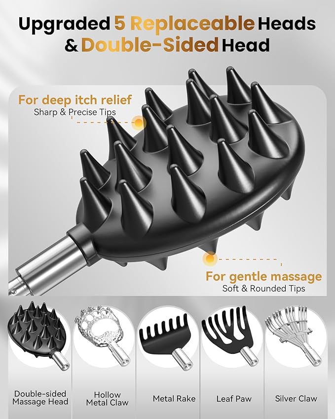 Telescoping Back Scratcher with 5 Detachable Heads, Gifts for Christmas, Stocking Stuffers for Men, Women, Him, Her, Dad, Funny White Elephant Gifts for Adults, Gift Box Included