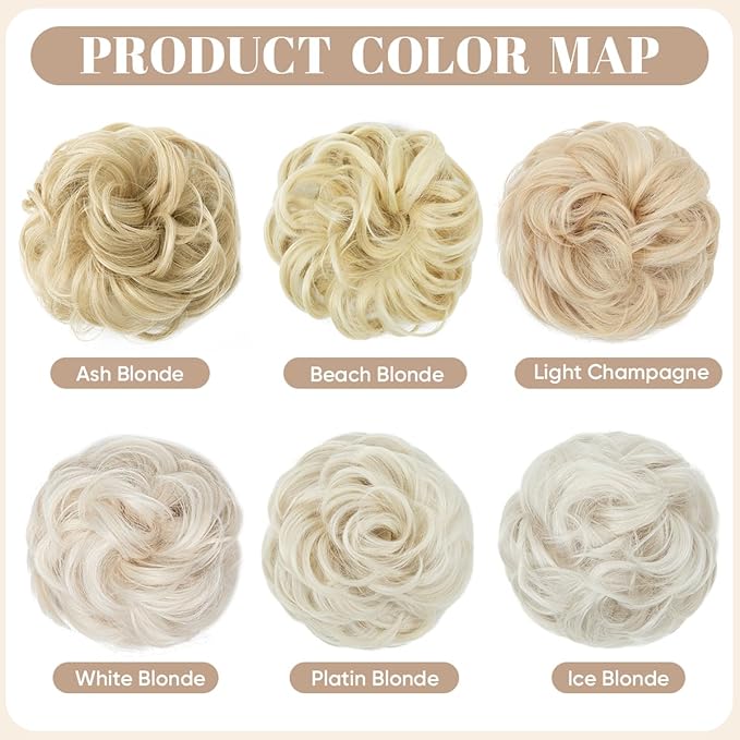 SARLA 2PCS Messy Hair Bun Hair Pieces Wavy Curly Synthetic Updo Fake Scrunchies Ponytail Extension for Women Ice Blonde