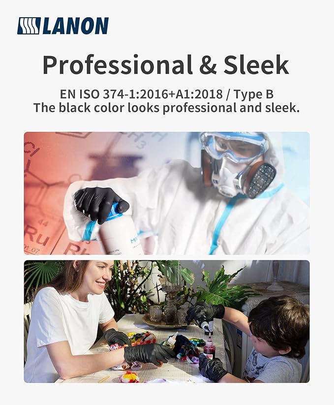 LANON 6-mil Black Nitrile Disposable Gloves, Food-Safe, Powder-Free, Heavy-Duty, Textured Fingertips, Latex-Free, Small