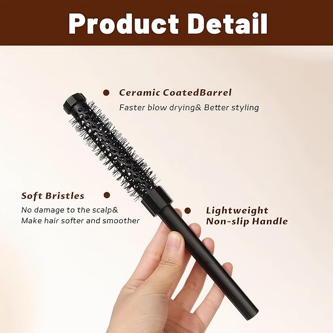 3pcs Small Round Hair Brush for Short Hair - Barrel Hair Brush for Blow Drying, Aluminum Round Brush for Bobs, Bangs, Lobs, Roots, Curling, Pixie Cuts, Straight Hair - Black