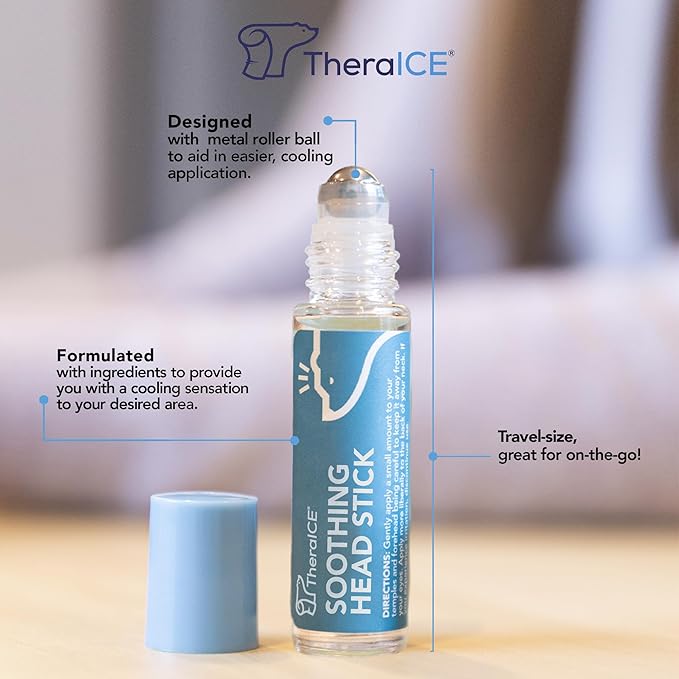 TheraICE Soothing Head Stick 10 ml (.33-Oz) Essential Oil Roll on Aromatherapy: Peppermint, Spearmint, Lavender, Chamomile, Rosemary, Eucalyptus. Metal Roller. USA Made