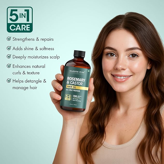Majestic Pure 100% Pure Rosemary Oil For Hair Growth with Scalp Massager - Strengthening, Nourishing, Volumizing - Infused with Silk Protein & Castor Oil - Non GMO Verified - 4 Fl Oz