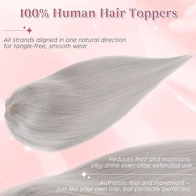 Real Human Hair Toppers for Women 3.54"*4.72" Silky Base 150% Density With Bangs Adjustable Parting Clip-In Topper Hairpieces for Women with Thinning Hair 14 Inches Silver Grey