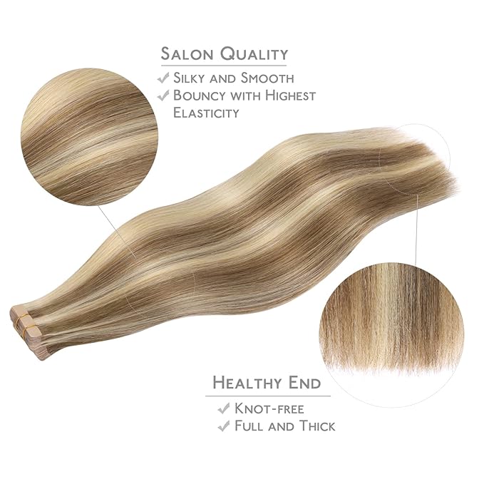 WENNALIFE Tape in Hair Extensions Human Hair, 20pcs 40g 12 inch Ash Brown with Platinum Blonde Highlights Remy Hair Extensions Straight Human Hair Tape in Extensions Skin Weft Tape Extensions