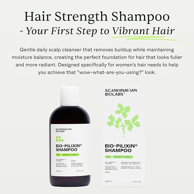 Scandinavian Biolabs Bio-Pilixin® Shampoo For Women | Strengthens Hair, Helps Greasiness, Balances Scalp, Eucalyptus Aroma, Dermatologically Tested, Made in Denmark, 250 mL/ 8.8 Oz