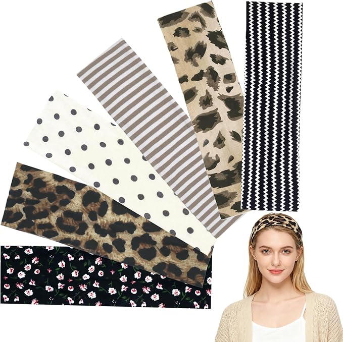 6 Pcs Anti-Slip Elastic Headbands for Women Soft Fabric Yoga Sweatbands with Floral Heart Print Stretchy, Sweat-Absorbent and Lightweight for Fitness, Running and Daily Wear