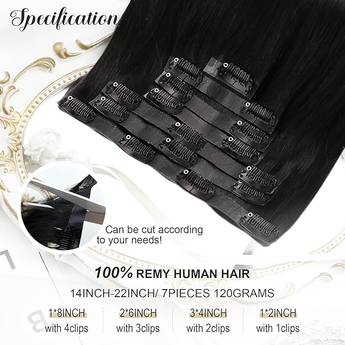 Moresoo Seamless Hair Extensions Clip in Black Clip in Extensions Real Human Hair Black Natural #1B Pure Skin Invisible for Women Long 120g/7pcs 16in