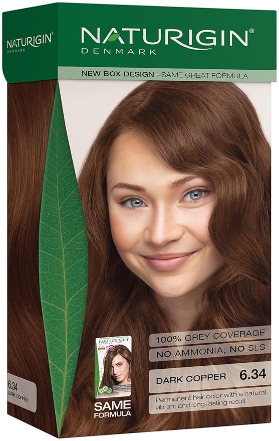 Naturigin Permanent Hair Color, 6.34 Dark Copper, Ammonia Free, 100% Gray Coverage, Nourishing Natural Formula, For All Hair Types, Long-Lasting, Vegan & Cruelty-Free, 1 Pack