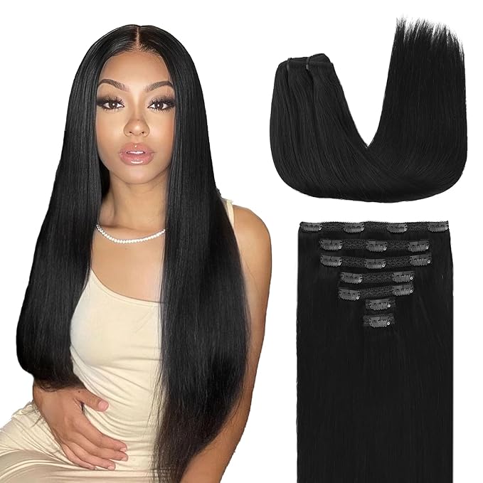 Lashey Clip in Hair Extensions Real Human Hair, 7pcs 120g 18 Inch #1 Jet Black Straight Hair, Remy Human Hair Extensions Clip in Extensions Real Human Hair
