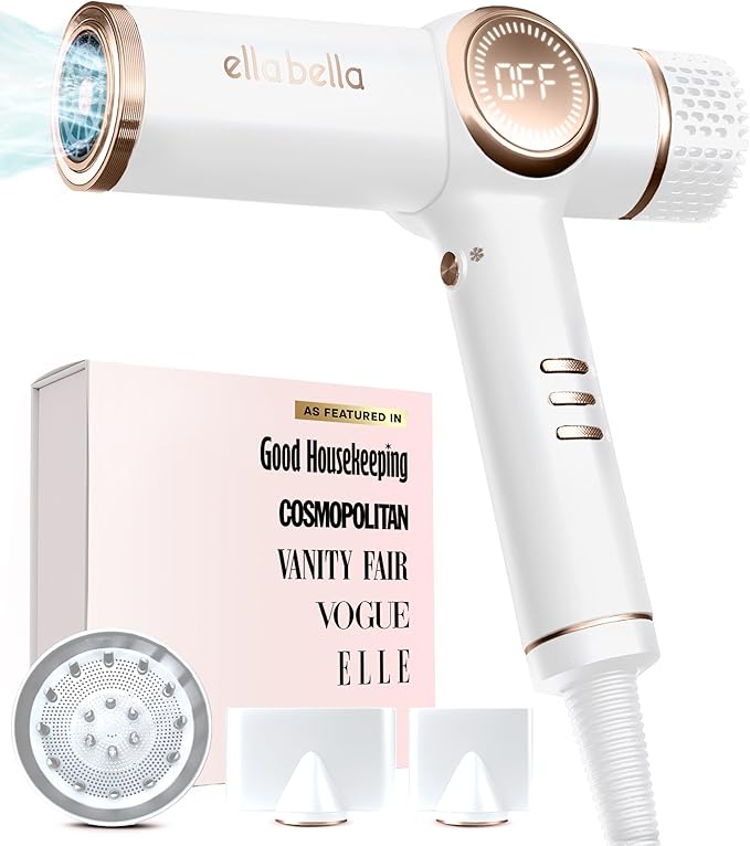 ELLA BELLA® Professional Ionic Hair Dryer with Diffuser • Negative Ion Blow Dryer • Suitable All Hair Types • Intelligent Heat Control & Rapid Drying Speeds • Lightweight Design • Low Noise Technology