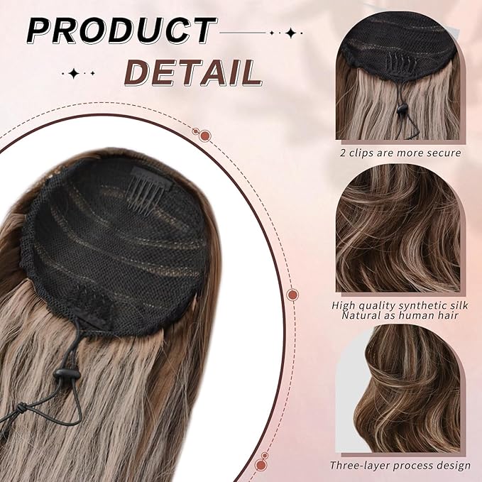 Ponytail Extension, 26 Inch Drawstring Ponytail Extension for Women Long Wavy Layered Pony Tails Hair Extensions Synthetic Clip in Ponytail Hairpiece for Women(8/24)