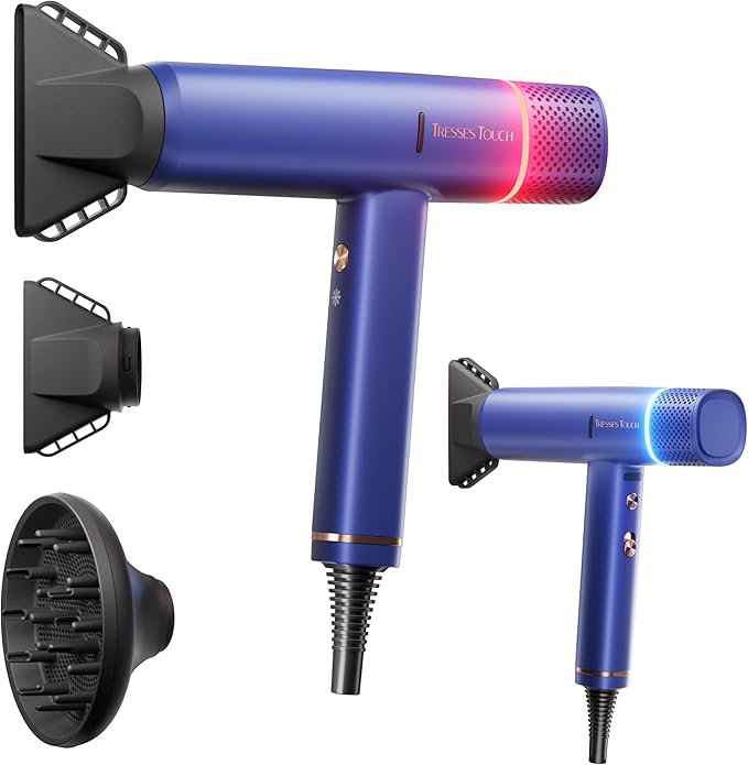 Ionic Hair Dryer with Diffuser and Concentrator, Professional Lightweight Quiet Blow Dryer, Powerful 1600 Watt Motor for Fast Drying and Straight & Wavy Hair, 3 Temps/2 Speeds, 6.56 Ft Cord, Blue