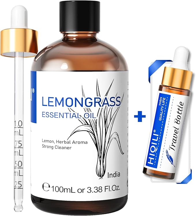 HIQILI Lemongrass Essential Oil, 100% Pure Natural Undiluted Premium Oils - 3.38 Fl. Oz
