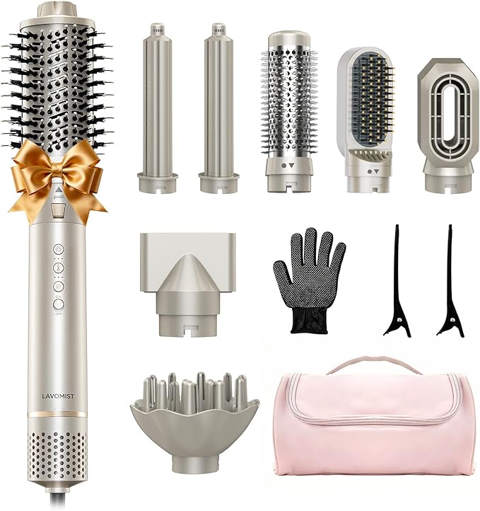 8-in-1 Dual Voltage Hot Air Styler & Hair Dryer Brush for Fast Drying, Frizz-Free Styling, with Straightener & Curler, 110,000 RPM, Includes Travel Bag