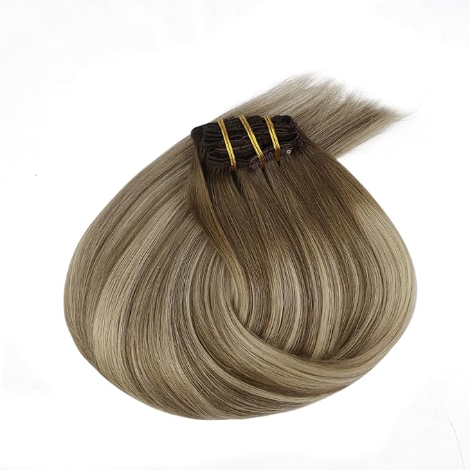 Ve Sunny Human Hair Clip in Extensions Balayage Clip in Hair Extensions Ombre Hair Extensions Clip ins Dark Brown to Light Brown with Blonde Clip on Extensions Easy to Use 16inch 120g 7pcs