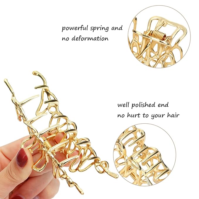 Mehayi 3 PCS Large Gold Metal Hair Claw Clips for Women Girls, Cute Alloy Big Hair Clamps Strong Hold for Thick Thin Hair, Fashion Hair Accessories Headwear Styling Tools for Party Wedding