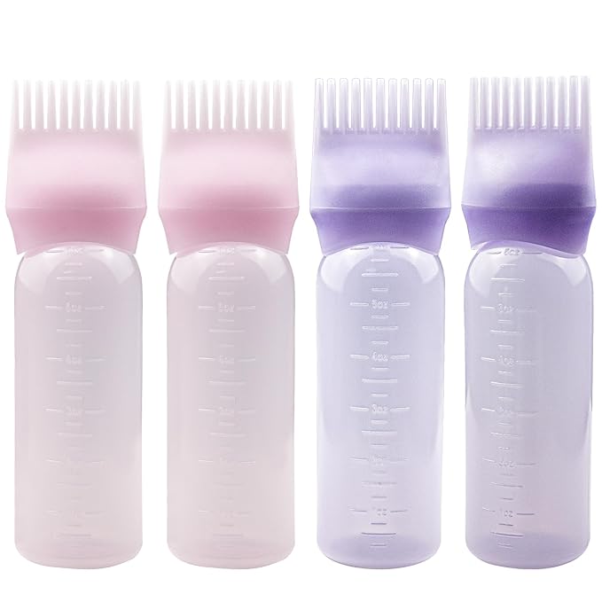 4-Pack Root Comb Applicator Bottles - Hair Oiling Applicator for Dye, Shampoos & Salons - 6oz (2 Pink + 2 Purple)