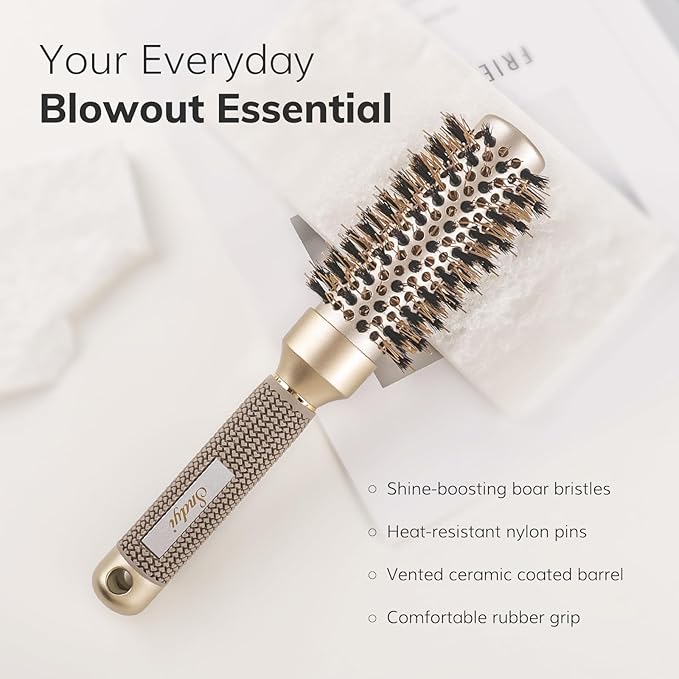 Sndyi Small Round Brush for Blow Out, Nano Thermal Ceramic Ionic Round Hair Brush with Boar Bristles, Boost Shine & Volume, For Short Hair with Quick Blow Drying & Salon Styling - 2.3'', Barrel 1.3''