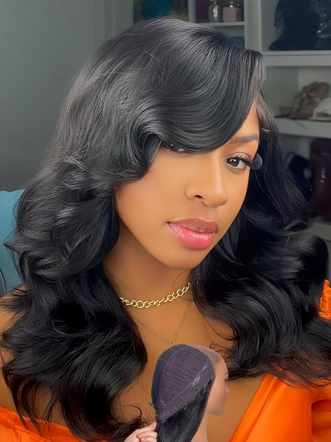 Julia Hair Bye Bye Slip Wig Feathered Layer Side Part Human Hair Wig 200% Density 7X5 Pre Cut Lace Closure Loose Body Wave Wigs Pre Everything Glueless with Secure Silicone Strips Drawstring 14 Inch
