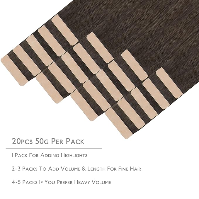WENNALIFE Tape in Hair Extensions Human Hair, 20pcs 60g 26 inch Cool Dark Brown Remy Hair Extensions Straight Human Hair Tape in Extensions Tape Ins Straight Extensiones De Cabello Humano Skin Weft