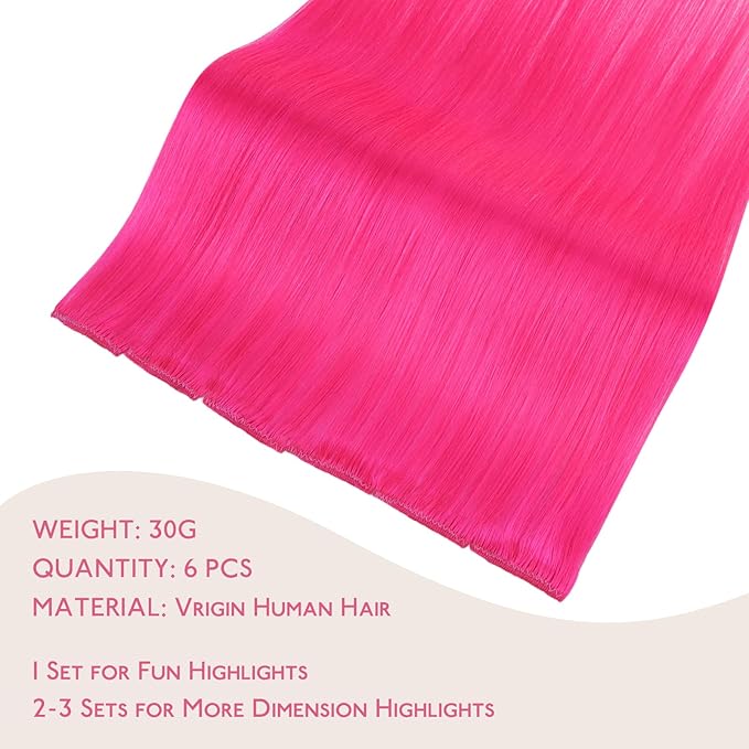 WENNALIFE Hot Pink Clip in Hair Extensions Real Human Hair 35g 6pcs 14 Inch Colored Hair Extensions for Kids Women Colorful Hair Pieces Pop-up Style Straight Extensiones De Cabello Humano Con Clip