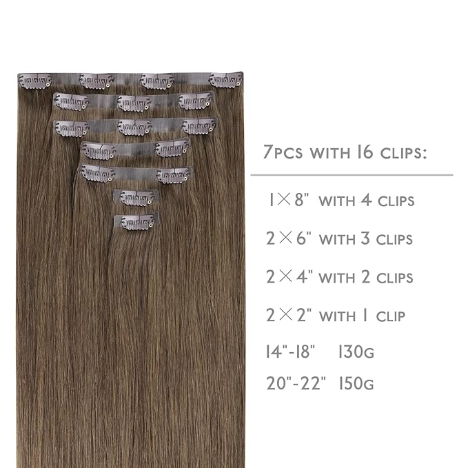 WENNALIFE Seamless Clip In Hair Extensions Human Hair, 16 Inch 130g 7pcs Light Ash Brown Real Hair Extensions Clip in Human Hair Invisible PU Skin Weft Natural Remy Human Hair Extensions