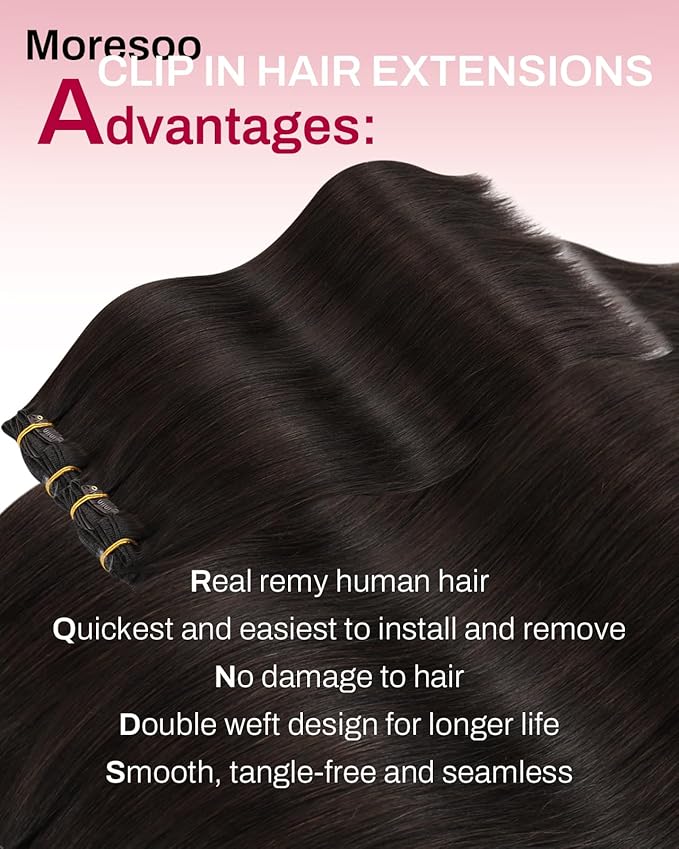 Moresoo Brown Clip in Hair Extensions Dark Brown Hair Extensions Clip ins Real Human Hair Long Full Head 22 inch 120g/7pcs