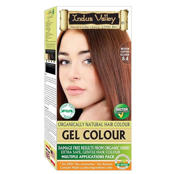 Indus Valley Natural Organic Damage Free Gel Hair Color | Ammonia Free, Vegan & Cruelty Free | Up to 100% Gray Coverage, Long Lasting Results |Medium Copper Blonde 8.4 (20gram+200ml)
