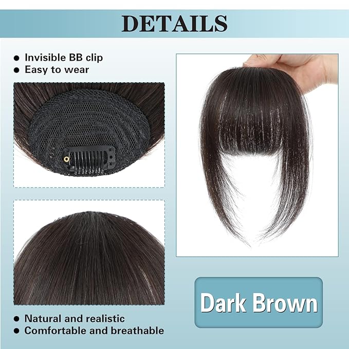 NAYOO Bangs Hair Clip - Dark Brown French Bangs 100% Real Human Hair Extensions French Bangs for Women Fringe with Temples Hairpieces Curved Bangs for Daily Wear