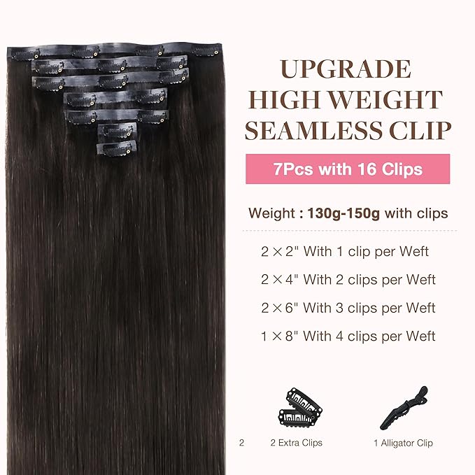 GOO GOO Clip in Hair Extensions Real Human Hair, Remy Human Hair Extensions Clip ins for Women, Natural Human Hair, 16inch 130g 7Pcs, 2 Dark Brown