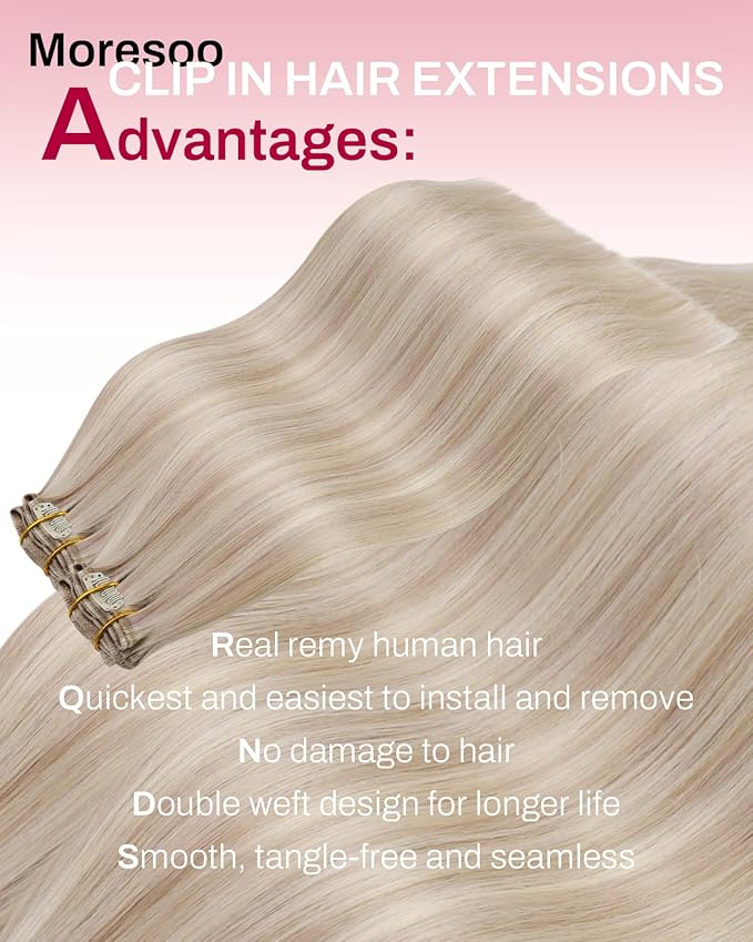 Moresoo Clip in Hair Extensions Human Hair Ash Blonde Highlight Hair Extensions Clip Ins for Women Straight Double Weft 5Pcs 80G 16inch